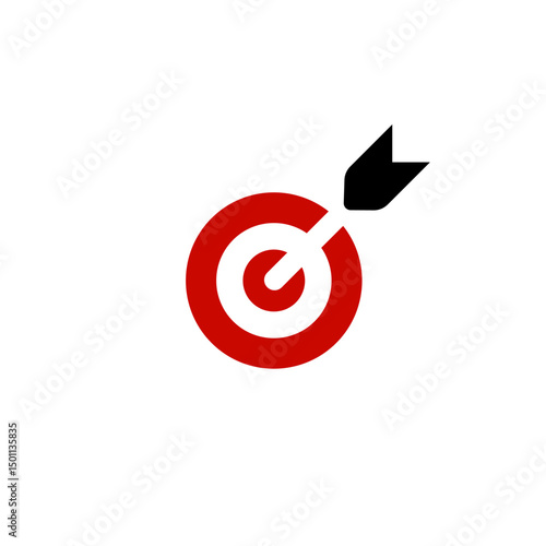 Bullseye target hit by black arrow symbolizing success, focus, goal achievement, marketing precision. Useful for business, startup, planning concepts. Vector illustration.