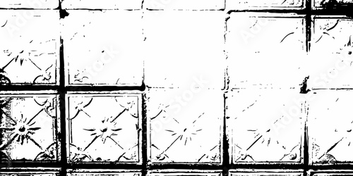 Abstract white brick wall with black grout lines shows a cracked and aged texture, and tear on the surface of the brick pattern	