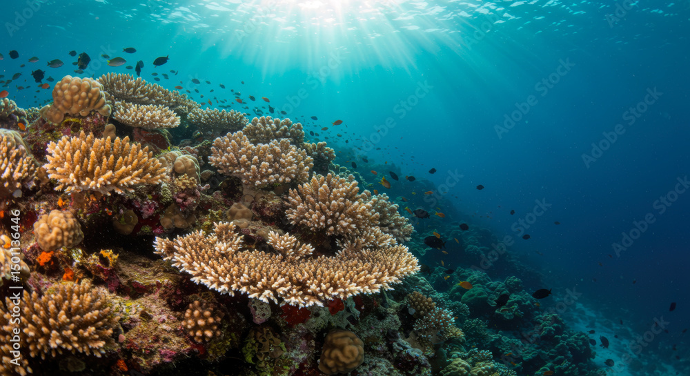 Fototapeta premium Vibrant Coral Reef Ecosystem Underwater Sunlight Scene Tropical Fish