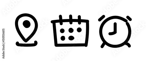 Simple line doodle  location address and time icons set. Clock / watch or time icon. Hand drawn Date Calendar icon. Marker icon, Alarm symbol. Web icons set