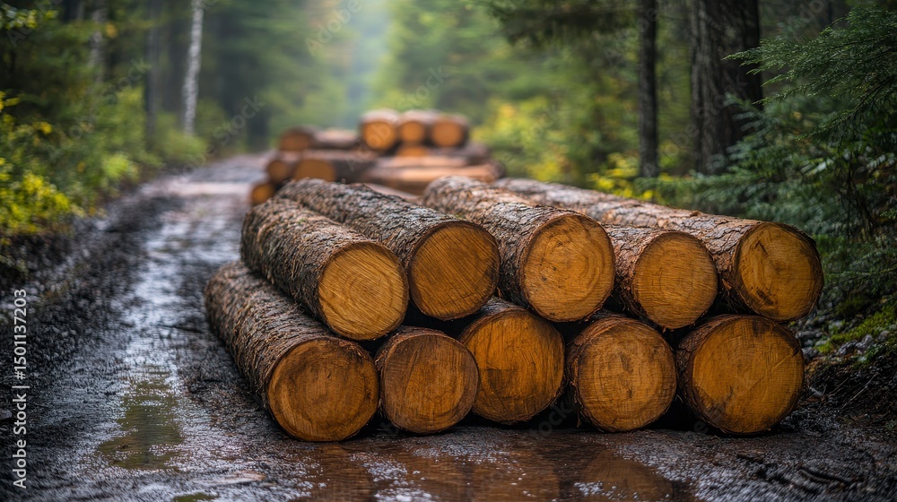 Logs sit on a wet forest path, awaiting transport from the woods to the mill Logs sit on a wet forest path, awaiting transport from the woods to the mill