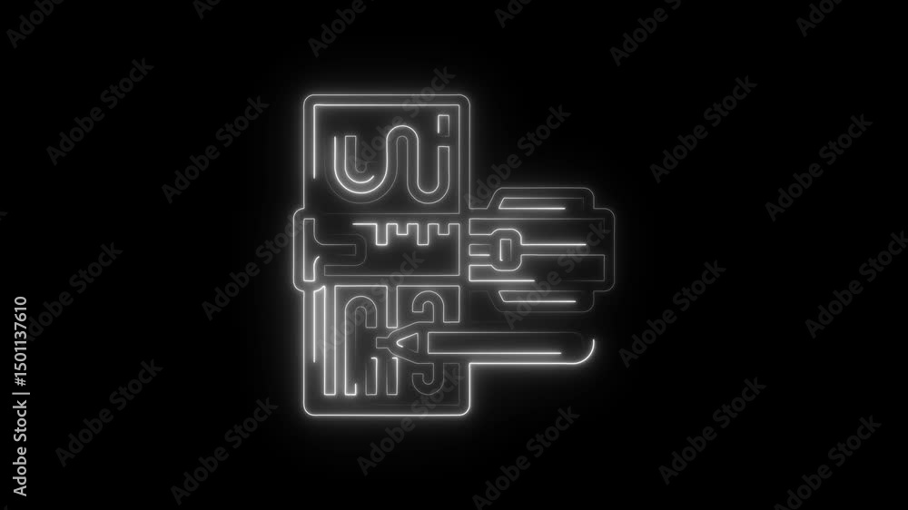 Abstract neon graphic of a stylized suitcase and hand with a black background Abstract neon graphic of a stylized suitcase and hand with a black background