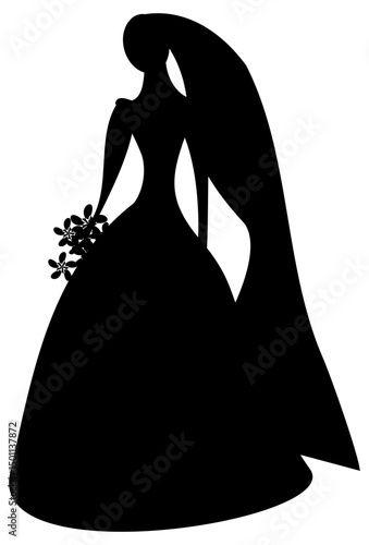 Elegant Bride Silhouette: A graceful silhouette of a bride, adorned in a flowing gown and veil, delicately holds a bouquet of flowers, embodying timeless beauty and the promise of new beginnings.
