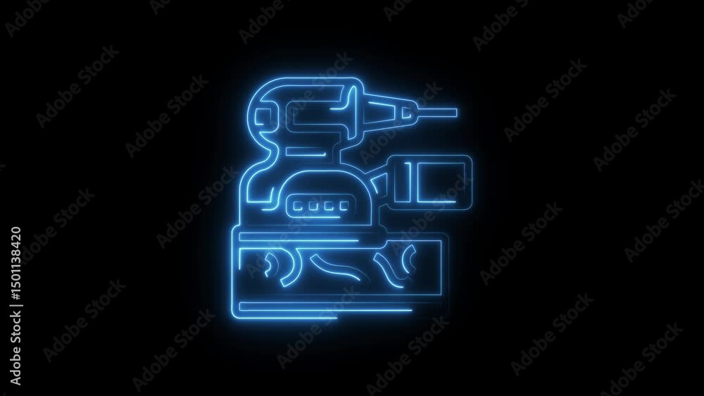 Animated neon blue line art video camera symbol illuminating against a black background Animated neon blue line art video camera symbol illuminating against a black background