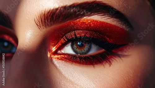 Close-up of a woman's eye with vivid, shimmering red eyeshadow and thick, dark eyelashes