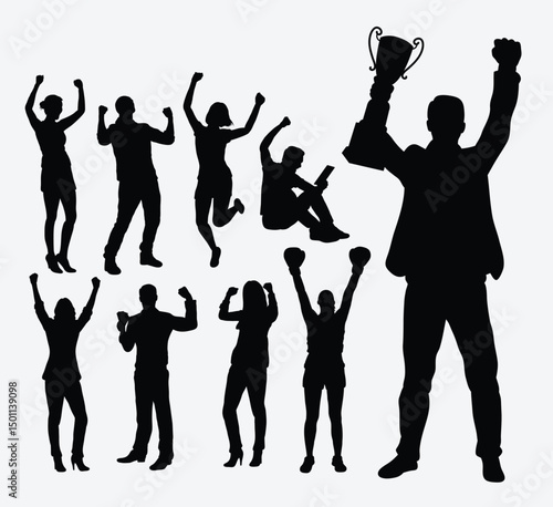 Victory Silhouettes: A collection of diverse silhouettes celebrating success, showcasing various poses of triumph, joy, and achievement.  Each silhouette represents a unique expression of victory.