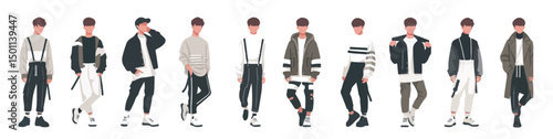 Vector set of a male modern dancer wearing trendy clothes