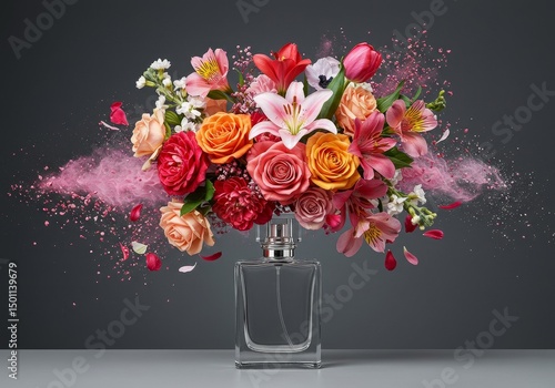 Photo of Colorful Floral Bouquet Exploding From Perfume Bottle on Dark Gray