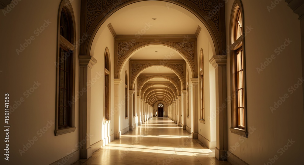 Fototapeta premium Hallway with Arches and Sunlight