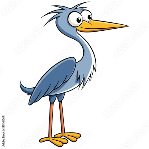 Cartoon heron with big eyes looks forward with a thoughtful, humorous expression