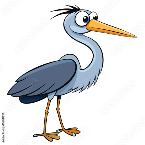 Cartoon heron with large eyes and a long beak stands alertly against white
