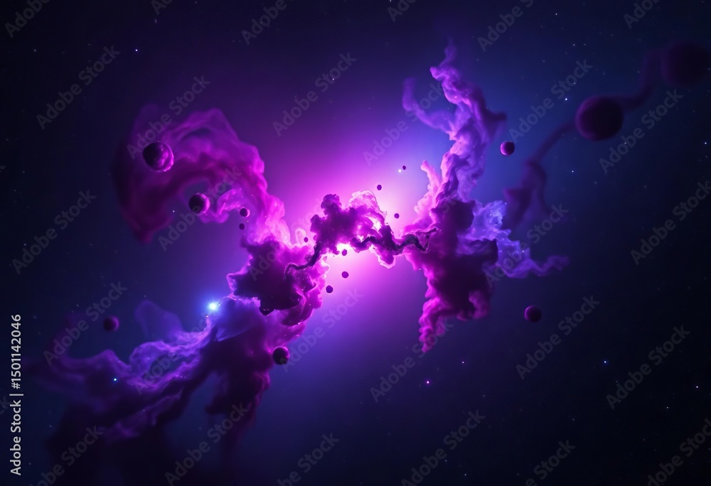 Naklejka premium Cosmic nebula with vibrant purple, blue, and pink energy bursts in deep space, light, stars