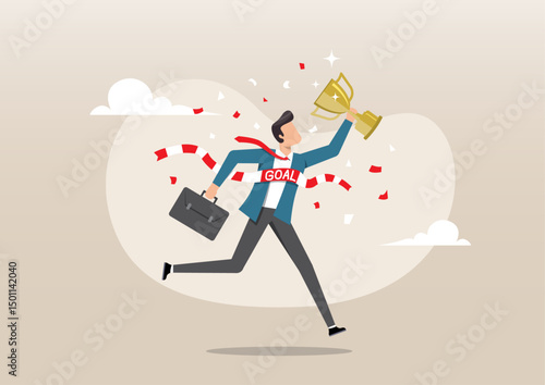 a happy businessman crossing the finish line with a trophy in one hand