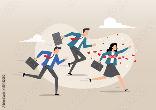 a successful businesswoman crossing the finish line marked "GOAL"