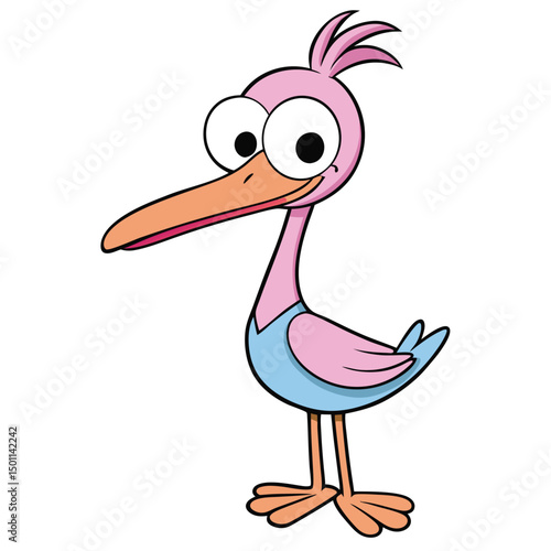 Playful cartoon pink bird is standing with wide eyes and long beak, isolated