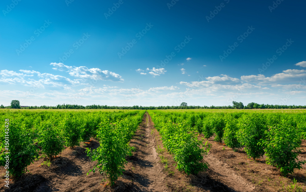 Obraz premium Landscape of green field with rows of plants to harvest. Aerial view of organic farm land with rows with bush seedlings.