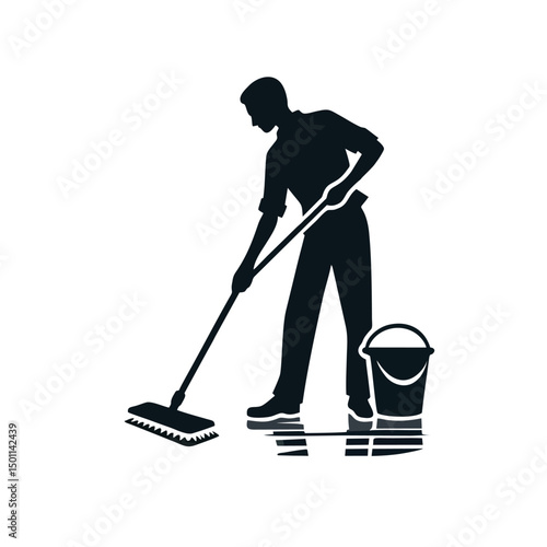 Silhouette Janitor Logo, Janitor Mopping the Floor, Solid Black Design