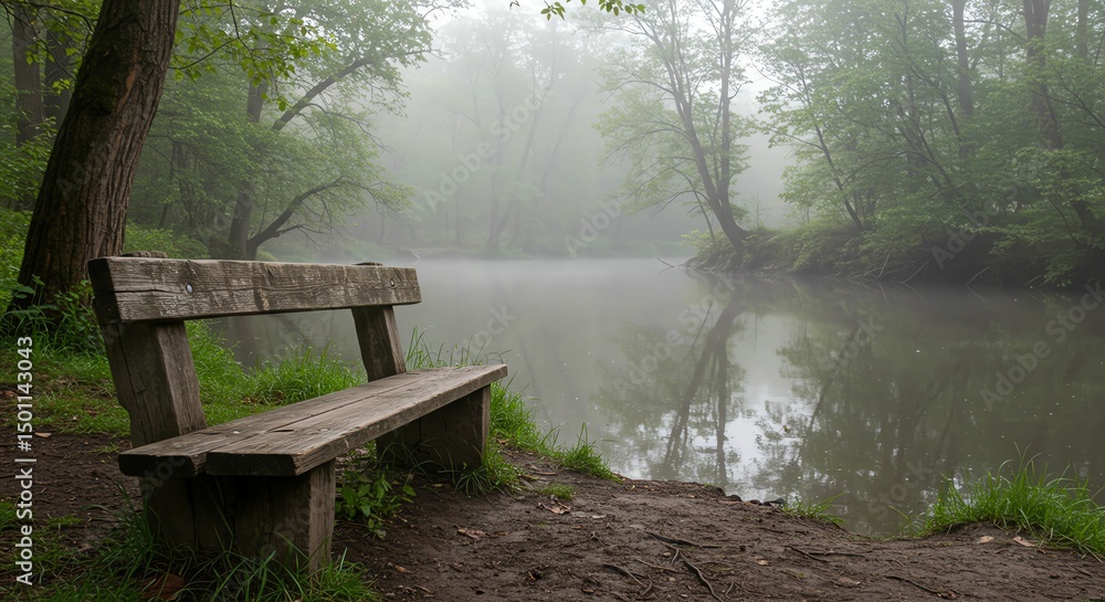Fototapeta premium Wooden Bench by River on Foggy Morning in Forest