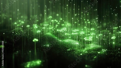 Abstract digital landscape, glowing green particles cascading down, forming a textured surface