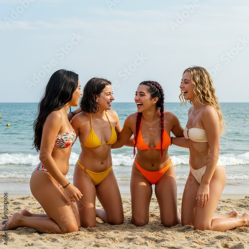 Photo Of Four Women In Colorful Bikinis Laughing Together On Sandy Beach Near Sea
