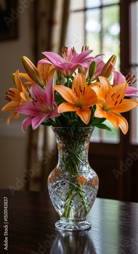 Photo of Colorful Lilies in a Glass Vase on a Wooden Table with Natural Light