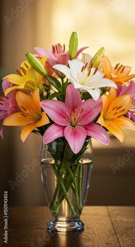 Photo of Colorful Lily Flowers Bouquet in a Glass Vase on a Wooden Table