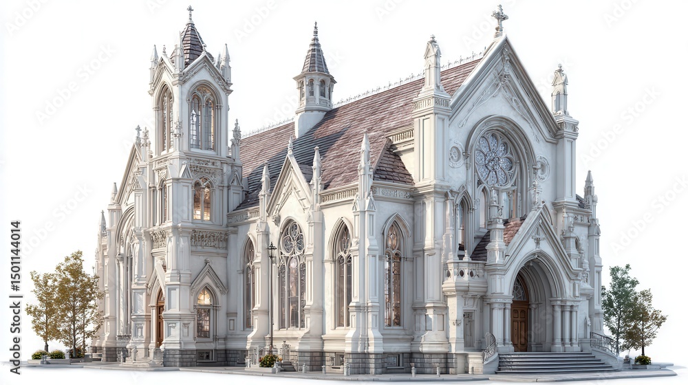 Naklejka premium Exterior view of a grand white gothic church building with stained glass.