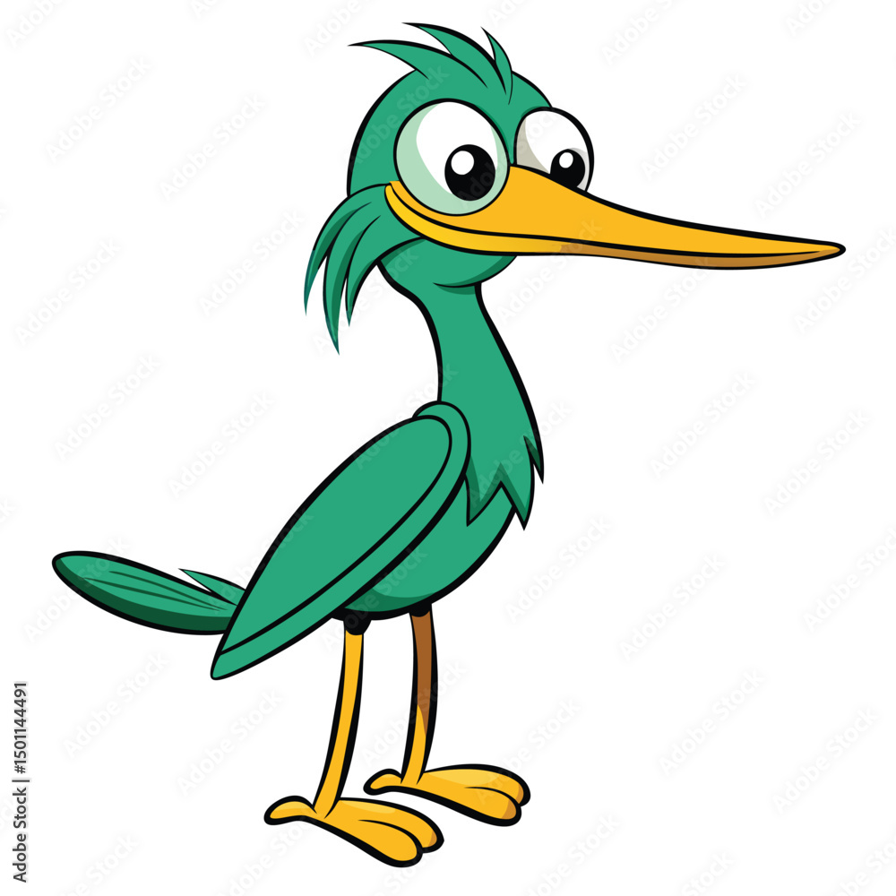 Fototapeta premium Cartoon teal roadrunner with big eyes stands with a curious gaze on white