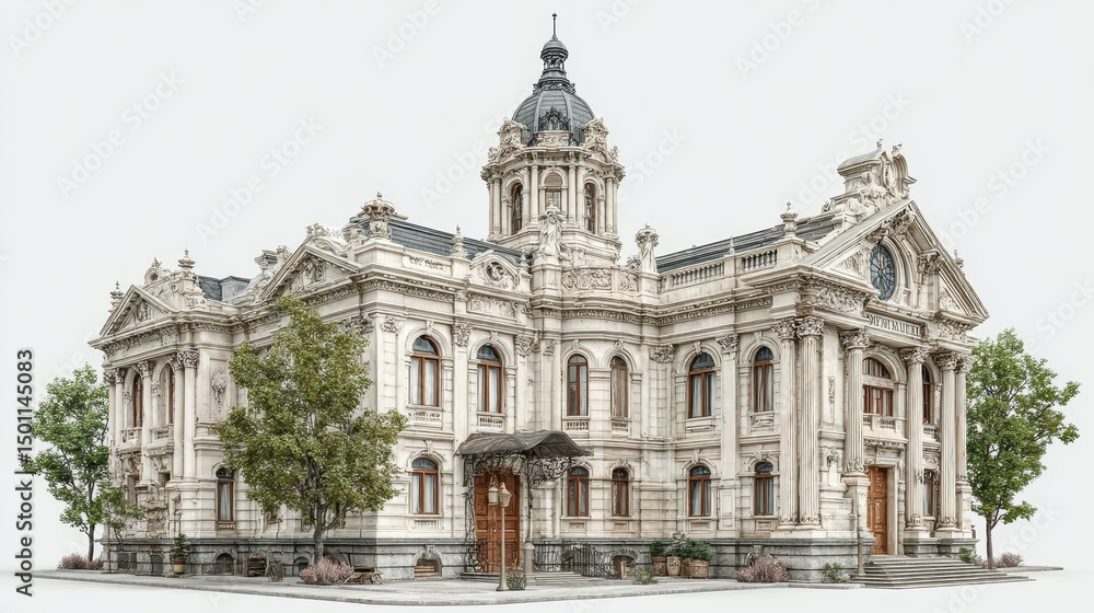 Fototapeta premium Ornate architectural building stands against a stark white seamless backdrop.