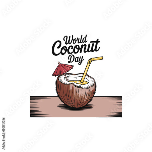 World Coconut Day Vector Illustration.
Coconut Drink with Straw and Umbrella Line Art,
Tropical Coconut Juice Outline Design,
Hand Drawn Coconut Beverage Vector Graphic,

