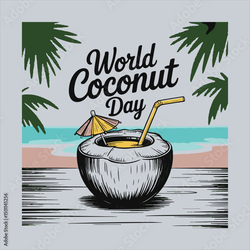 World Coconut Day Vector Illustration.
Coconut Drink with Straw and Umbrella Line Art,
Tropical Coconut Juice Outline Design,
Hand Drawn Coconut Beverage Vector Graphic,
