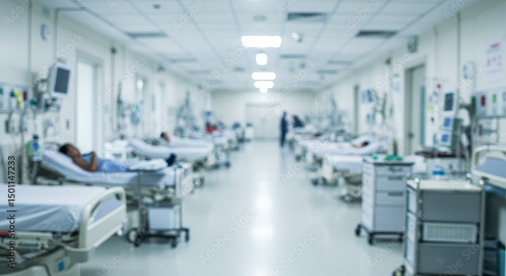 Photo of Hospital Patients in Beds along a Long Corridor in White Lighting Photo of Hospital Patients in Beds along a Long Corridor in White Lighting