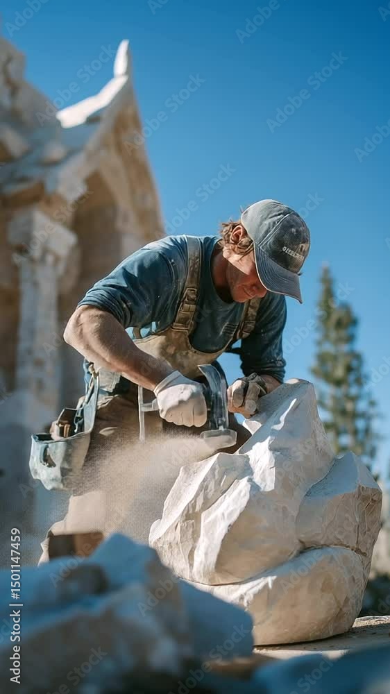 Outdoor Stone Sculptor Chiseling a Statue Outdoor Stone Sculptor Chiseling a Statue
