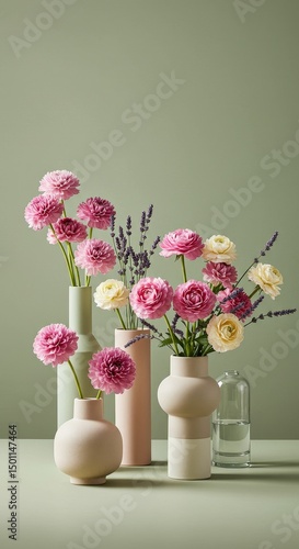 Photo of Floral Arrangement Featuring Pink Flowers in Various Vases with Green Background