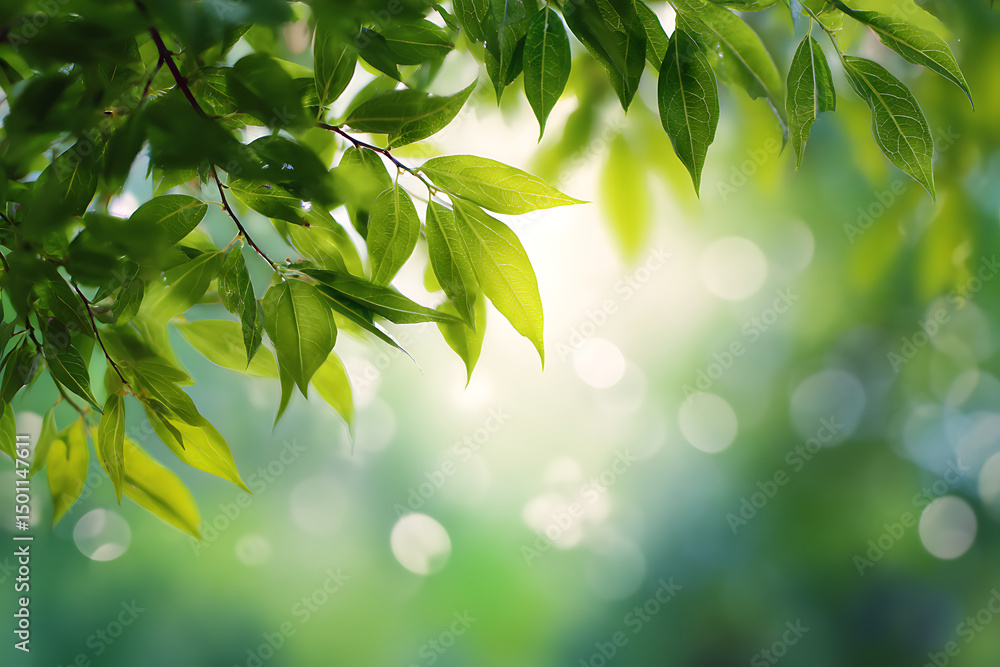 Obraz premium Beautiful green leaves in sunlight with bokeh creating a refreshing nature background scene