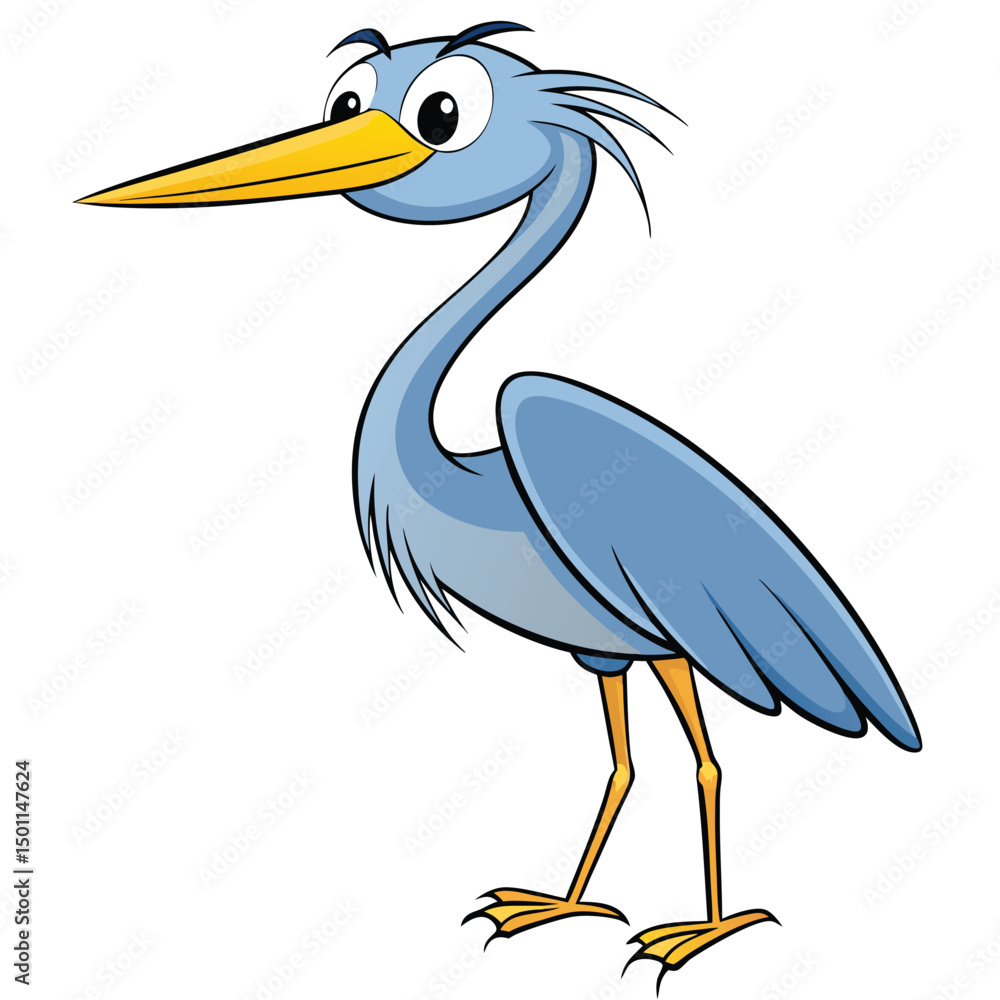 Fototapeta premium Cartoon heron stands still with its yellow beak and feet prominently showing