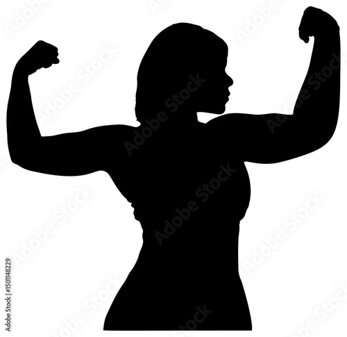 Silhouette of Female Power: A striking silhouette of a woman flexing her biceps, symbolizing strength, resilience, and the empowerment of the feminine spirit. Capturing the essence of power, health.