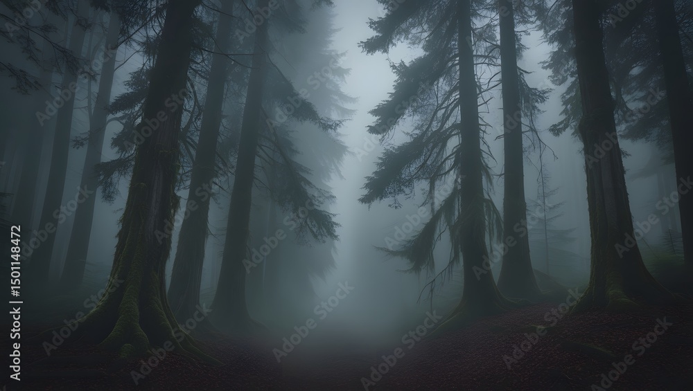 Obraz premium Enigmatic Fog-Shrouded Forest Path A Mystical Nature Photograph