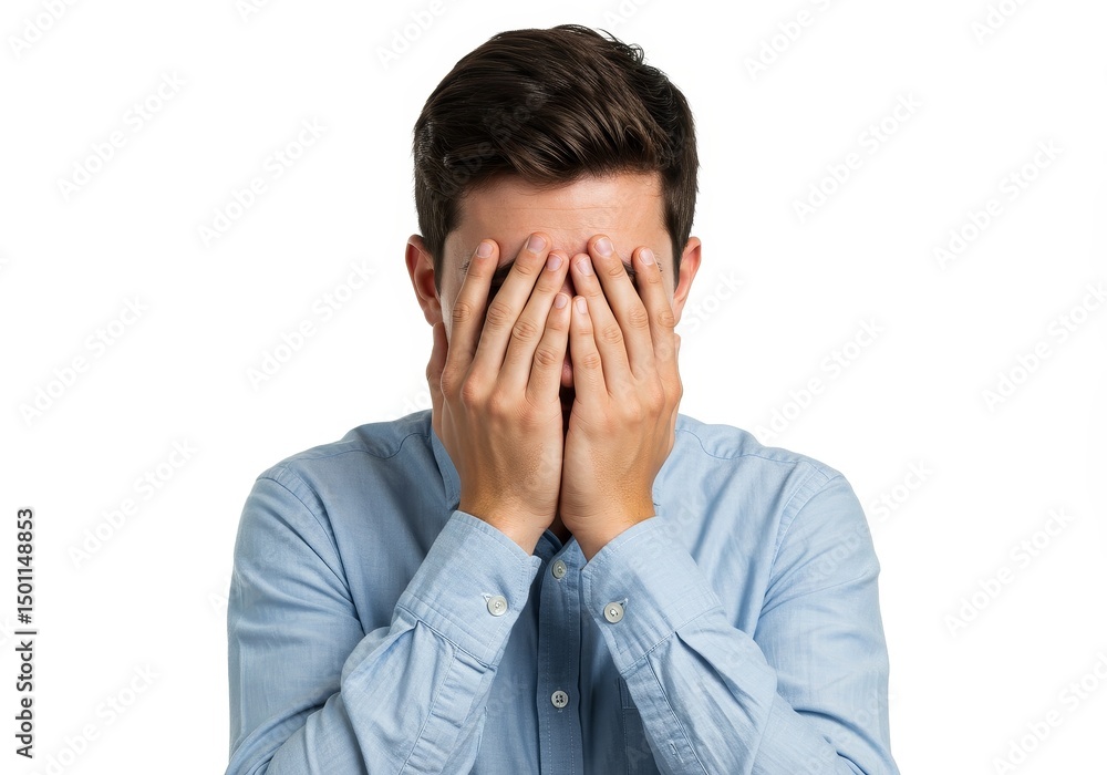 Photo of Man Covering Face With Hands in Front of White Background Photo of Man Covering Face With Hands in Front of White Background