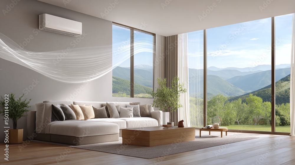 Fototapeta premium Minimalist Living Room with Flowing Air Conditioner Breeze