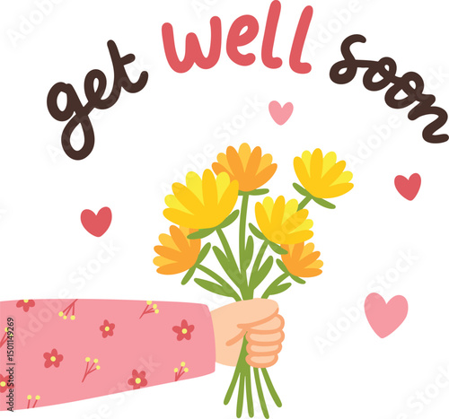 Get Well Soon Greeting Card Illustration – Hand Holding Flowers with Love
