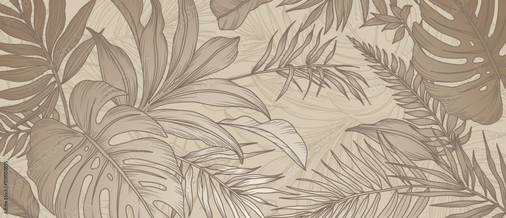 Fototapeta premium Abstract tropical leaves art background. Botanical wallpaper with leaves, branches, hand drawn line style pattern in brown and beige tones. Vector illustration for banner, prints, decor, wall art
