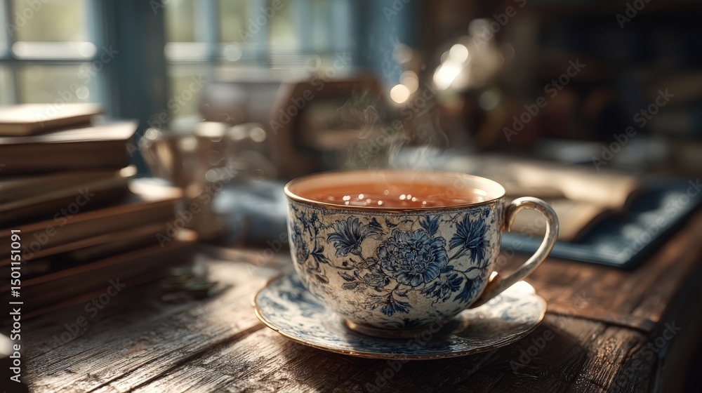 Fototapeta premium Intricate porcelain cup filled with hot tea on a tranquil workspace desk