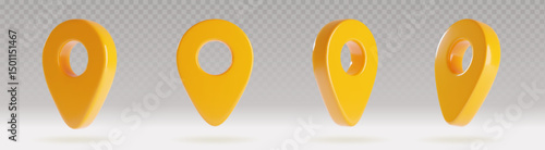 3d map pin icons set - yellow plastic location markers with transparent shadow on transparent background. Realistic navigation pointers, GPS symbols for web design or delivery application interface.