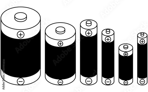 Simple Line Icon of Dry Cell Batteries from Size D to AAAA, Isometric Illustration