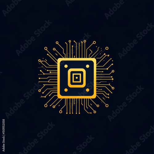 Glowing microchip with abstract circuit lines on dark background in a stylized layout.
