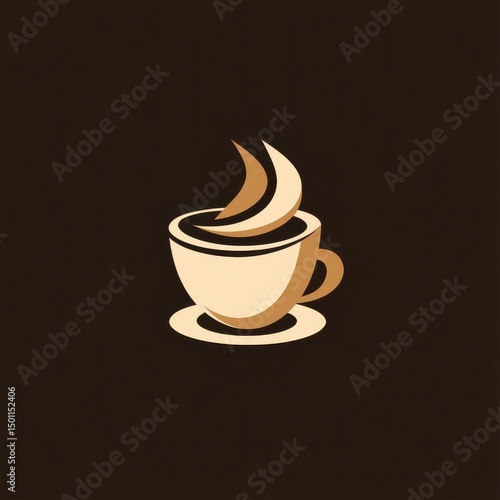 Modern brown coffee cup logo with cream swirl on a dark background, flat vector style.