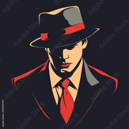 Dramatic vector portrait of a man in a dark suit and fedora with a red trim, looking down.