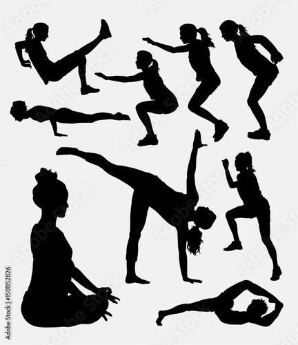 Fitness silhouettes: An artistic representation of fitness enthusiasts in diverse poses, the stark contrast between shadow and form amplifies the energy and discipline that embodies physical wellness.
