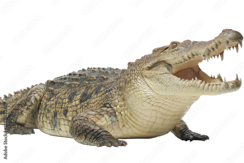 Obraz premium Open-mouthed crocodile isolated on transparent PNG background